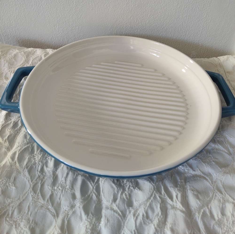 Ceramic Round Griddle with Handles - Blue and White